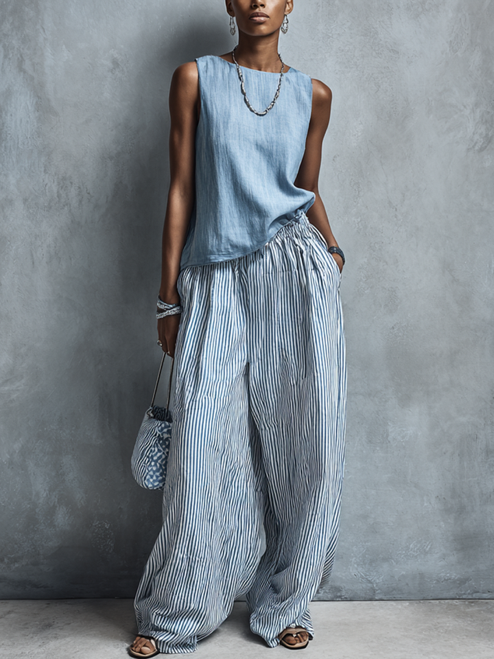 Women's Casual Light Blue Crew Neck Sleeveless Top And Blue-White Striped Elastic Waist Wide-Leg Pants Set