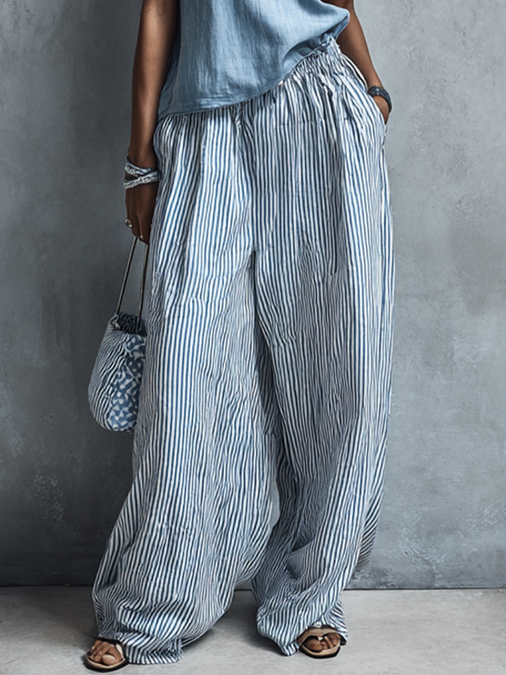 Women's Casual Light Blue Crew Neck Sleeveless Top And Blue-White Striped Elastic Waist Wide-Leg Pants Set