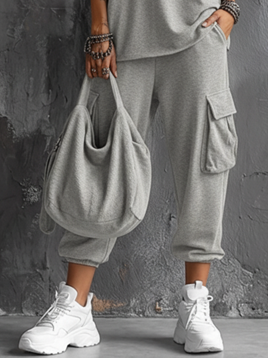 Women's Casual Style Dark Gray Sleeveless Top + Jogger Cargo Pants Set
