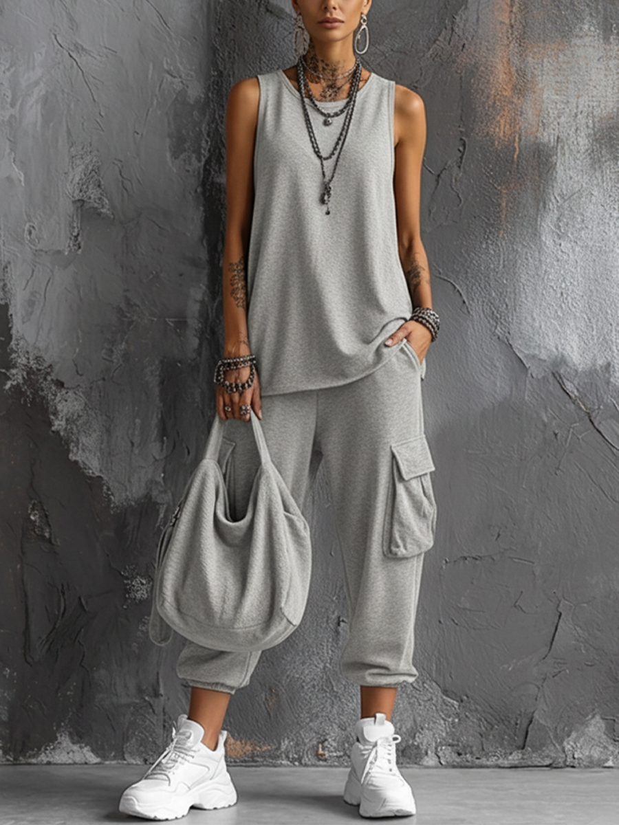 Women's Casual Style Dark Gray Sleeveless Top + Jogger Cargo Pants Set