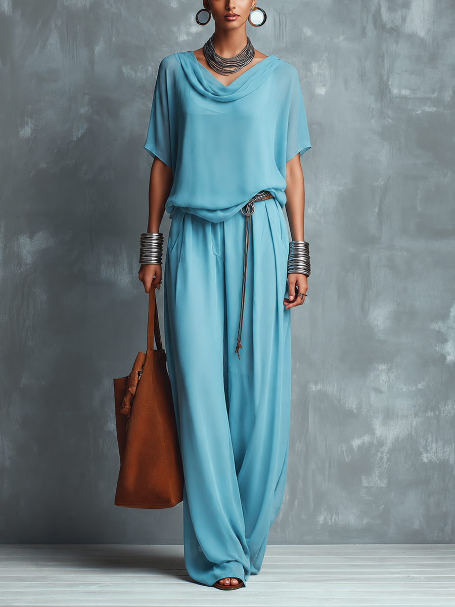 Women's Blue Chiffon Cowl-Neck Short-Sleeve Top And Wide-Leg Pants Set