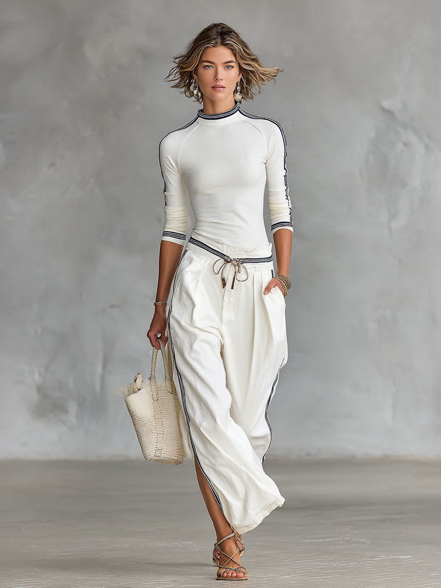 Women's Sports Half-high-neck Long-sleeved T-shirt Drawstring Wide-leg Pants Two-piece Set