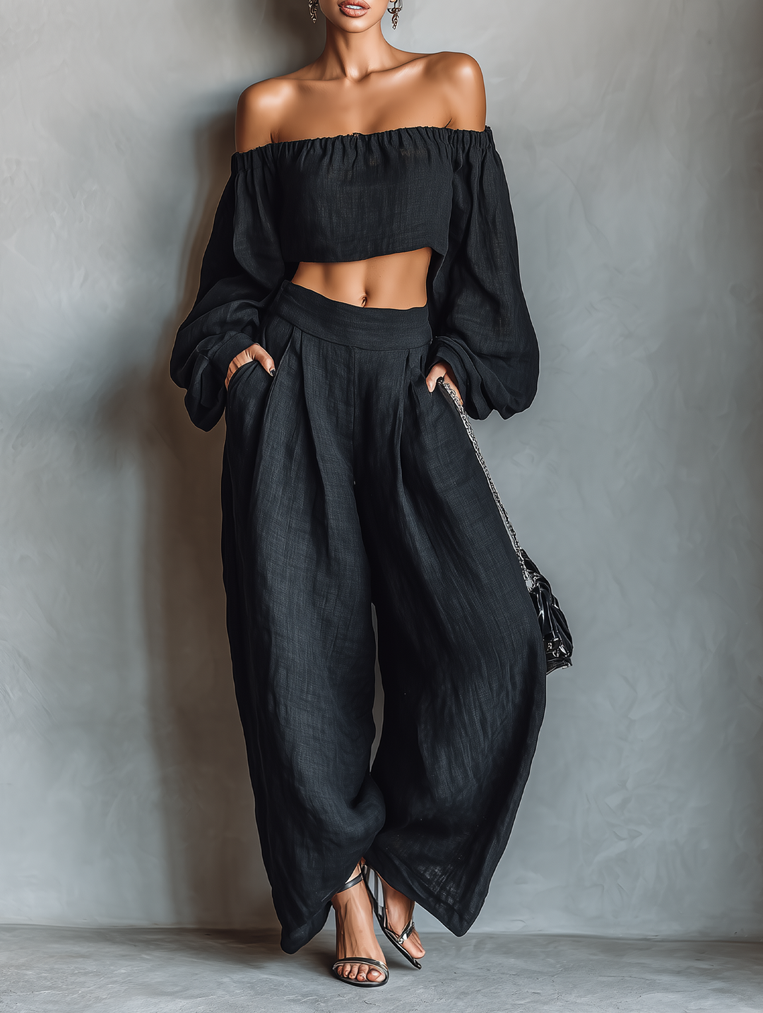 Women's Minimalist Strapless Long-sleeved Blouse And Wide-leg Pants Set