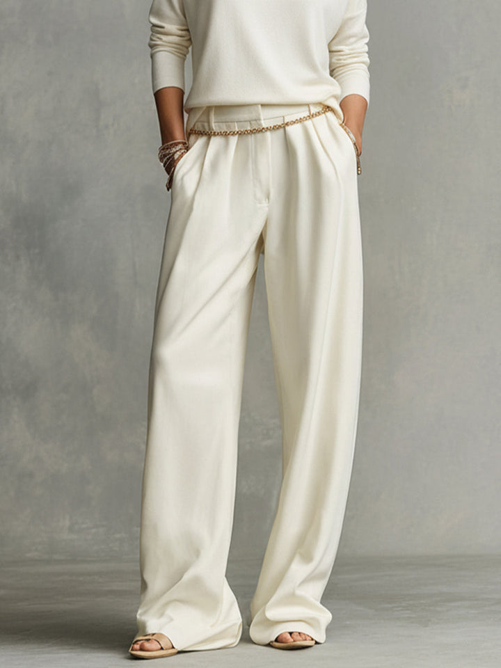 Women's Cream Soft Chic Turtleneck Top & Flowy Wide-Leg Pant Set