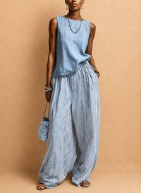 Women's Casual Light Blue Crew Neck Sleeveless Top And Blue-White Striped Elastic Waist Wide-Leg Pants Set