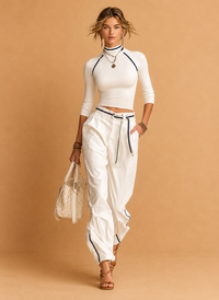 Women's Casual Half-high Collar Long-sleeved T-shirt Straight Pants Two-piece Set