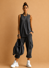 Women's Casual Style Dark Gray Sleeveless Top + Jogger Cargo Pants Set