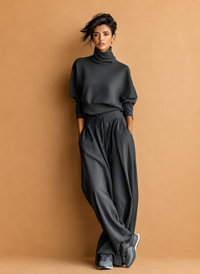 Women's Charcoal Knit Fabric Turtleneck Oversized Top & Wide-Leg Pants Set