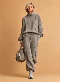 Women's Casual Cable Knit Turtleneck Sweater Cargo Pants Set