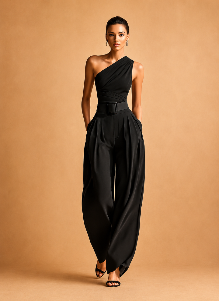 Women's Black High-elastic Knit Top And Acetate Wide-leg Pants