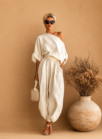 Women's white Off-shoulder Loose Casual Top And Tapered Pants Set