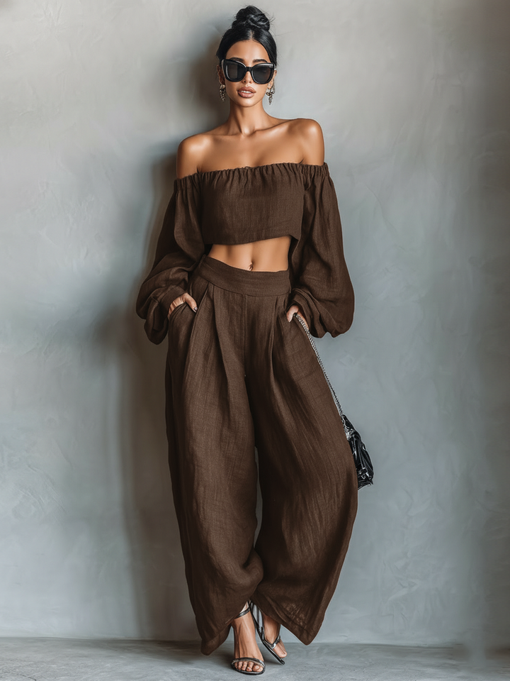 Women's Minimalist Strapless Long-sleeved Blouse And Wide-leg Pants Set