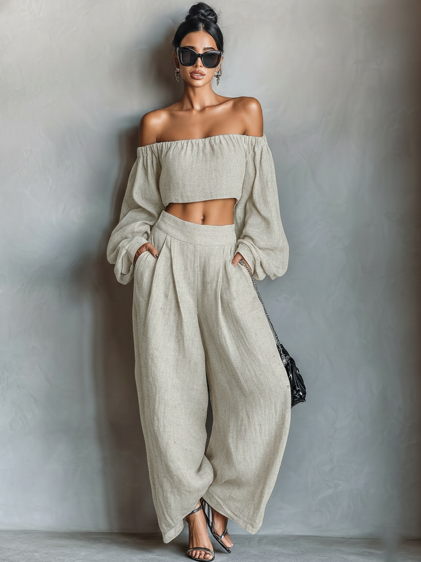Women's Minimalist Strapless Long-sleeved Blouse And Wide-leg Pants Set