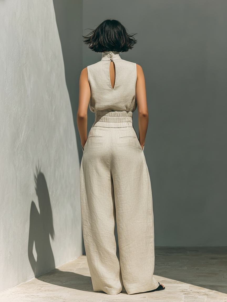 Women's Minimalist Sleeveless Blouse And Wide-leg Pants Set