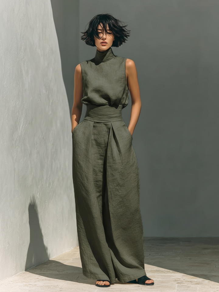 Women's Minimalist Sleeveless Blouse And Wide-leg Pants Set