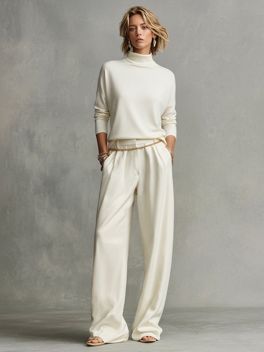 Women's Cream Soft Chic Turtleneck Top & Flowy Wide-Leg Pant Set
