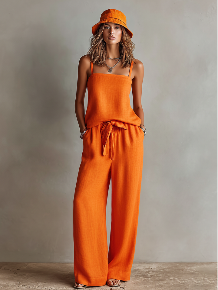 Women's Orange Two-Piece Set With Square Neck Cami Top