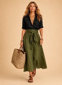Vera | Black Top & Olive Midi Skirt Set