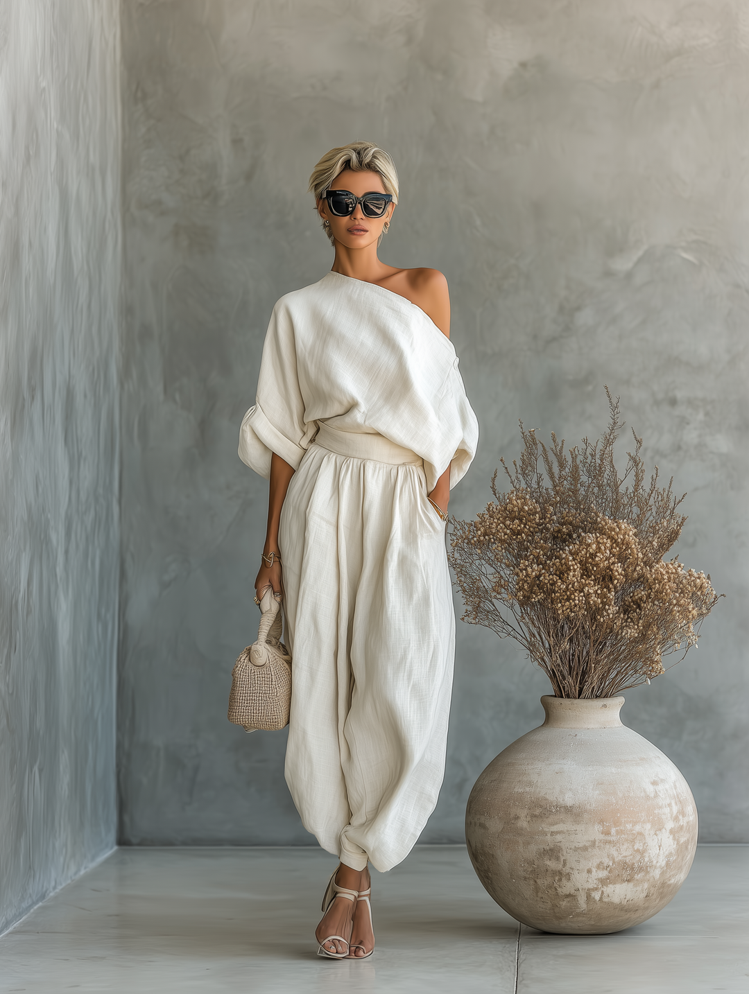 Women's white Off-shoulder Loose Casual Top And Tapered Pants Set