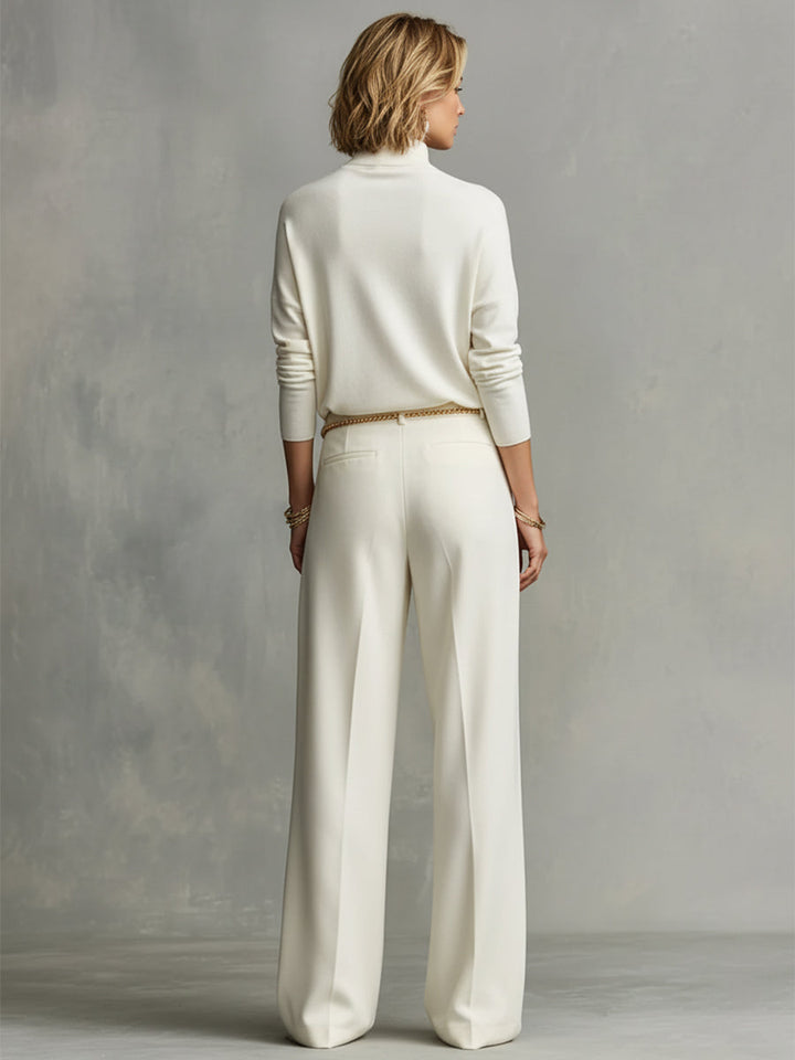 Women's Cream Soft Chic Turtleneck Top & Flowy Wide-Leg Pant Set
